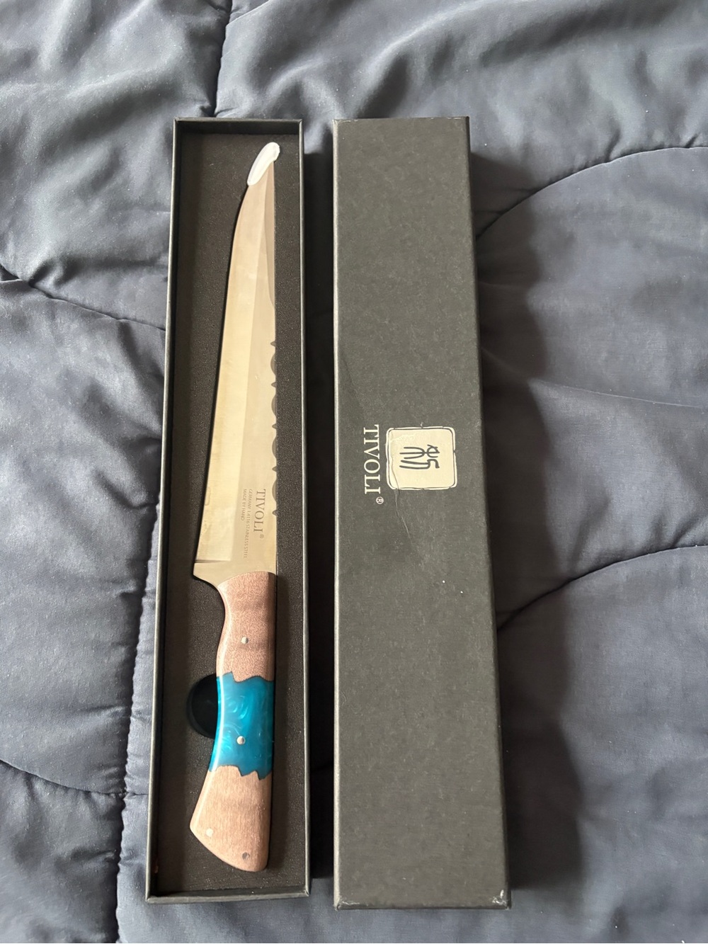 Tivoli Serrated Carving Knife with Turquoise Accent and Natural Wood Handle